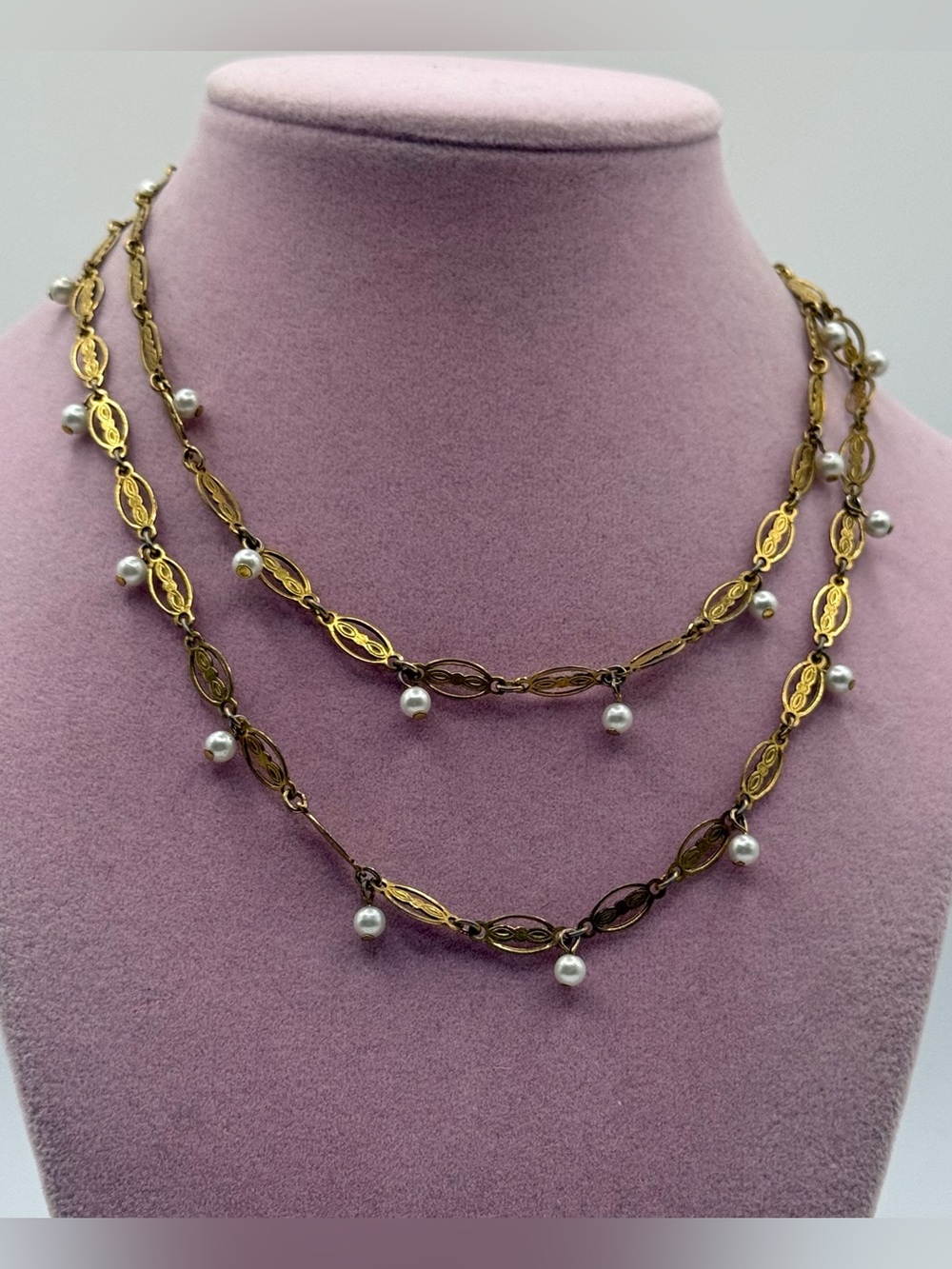 Vintage Gold-Tone Pearl Drop long Strand Necklace